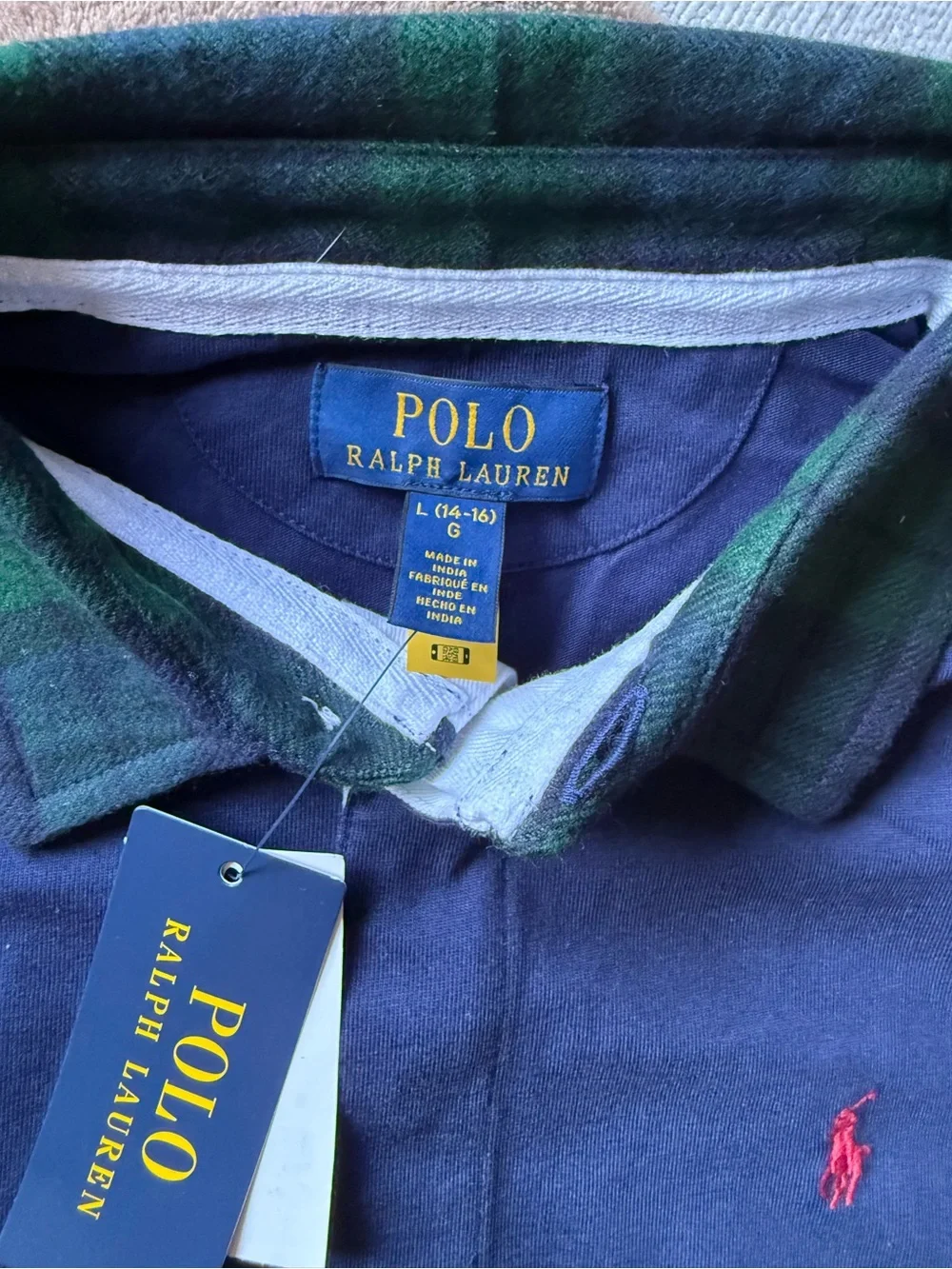 Ralph Lauren Navy Rugby Shirt with Green Plaid Collar and Red Pony